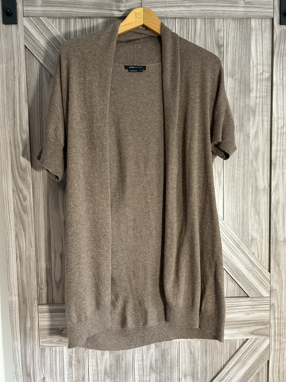 BCBGMAXAZRIA Brown Open Front Short Sleeve Cardigan Angora Cashmere Size L